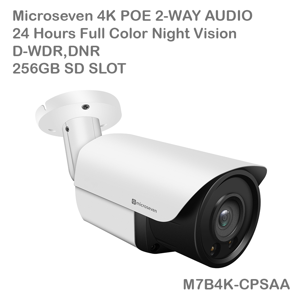 Microseven Open Source 4K/8MP Full Color Night Vision PoE Indoor / Outdoor IP Camera, UltraHD 8MP PoE IP Bullet Security Camera with Human/Vehicle Detection, Two-Way Audio Wide Angle,WDR, DNR, 256GB SD Slot, Waterproof, ONVIF CCTV Surveillance Camera, Web GUI & Apps, VMS (Video Management System) Cloud Storage+ Broadcasting on YouTube, Facebook & Microseven.tv
