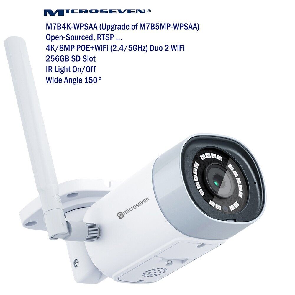 Microseven Professional Open Source Security Camera, Remote Managed, Bullet Type, IP Network, UltraHD 4K/8MP (3840x2160), All-in-One PoE + Duo 2 WiFi (2.4/5GHz) [WiFi+POE], Wide Angle, Smart Motion Detection, Outdoor & Indoor (IP 66), IR Soft-Switch On/Off Night Vision, 256GB SD Slot, Two-Way Audio, ONVIF, Web GUI & Apps, CMS (Camera Management System), M7RSS (Video Recorder Server), Cloud Storage, Broadcasting on YouTube and Microseven