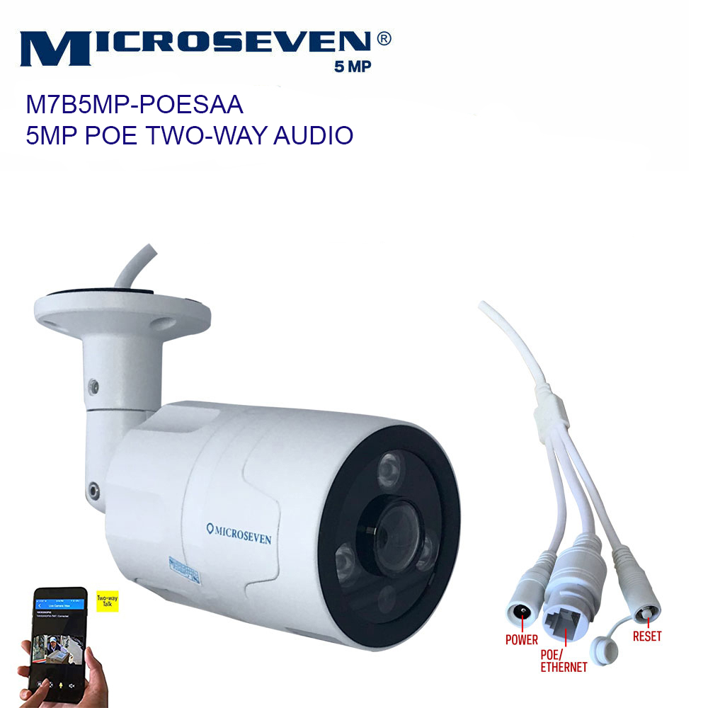 Microseven Open Source 5MP (2560x1920) UltraHD PoE Indoor / Outdoor IP Camera, Sony Chipset CMOS 5MP Lens, Amazon Certified Works with Alexa with No Monthly Fee, Two-Way Audio Wide Angle (170°), IR, Human Motion Detection IP Camera, 128GB SD Slot, Night Vision Bullet PoE IP Camera, Waterproof Security Camera, ONVIF CCTV Surveillance Camera, Web GUI & Apps, VMS (Video Management System) Free 24hr Cloud Storage+ Broadcasting on YouTube, Facebook & Microseven.tv
