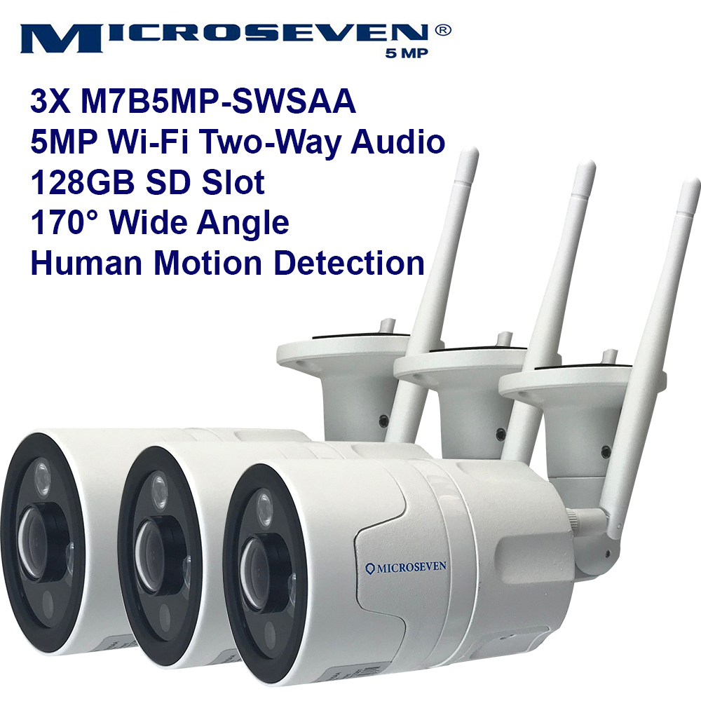 3x Microseven Open Source 5MP (2560x1920) UltraHD WiFi or Wired Indoor / Outdoor IP Camera, Sony Chipset CMOS 5MP Lens, Amazon Certified Works with Alexa with No Monthly Fee, Two-Way Audio Wide Angle (170°), IR, Human Motion Detection WiFi IP Camera, 128GB SD Slot, Night Vision Bullet WiFi Camera, Waterproof Security Camera, ONVIF CCTV Surveillance Camera, Web GUI & Apps, VMS (Video Management System) Free 24hr Cloud Storage+ Broadcasting on YouTube, Facebook & Microseven.tv