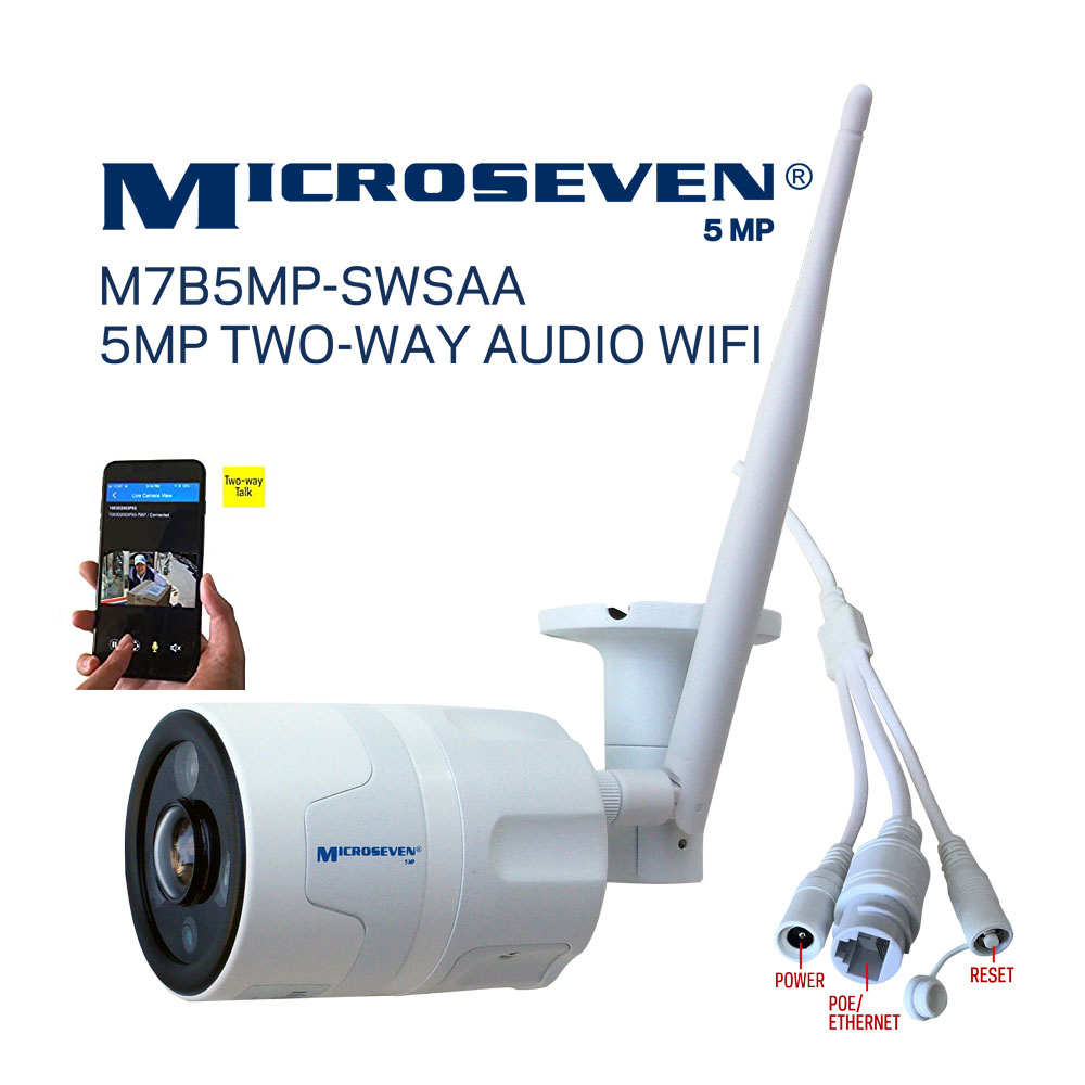 Microseven Open Source 5MP (2560x1920) UltraHD WiFi or Wired Indoor / Outdoor IP Camera, Sony Chipset CMOS 5MP Lens, Amazon Certified Works with Alexa with No Monthly Fee, Two-Way Audio Wide Angle (170°), IR, Human Motion Detection WiFi IP Camera, 128GB SD Slot, Night Vision Bullet WiFi Camera, Waterproof Security Camera, ONVIF CCTV Surveillance Camera, Web GUI & Apps, VMS (Video Management System) Free 24hr Cloud Storage+ Broadcasting on YouTube, Facebook & Microseven.tv