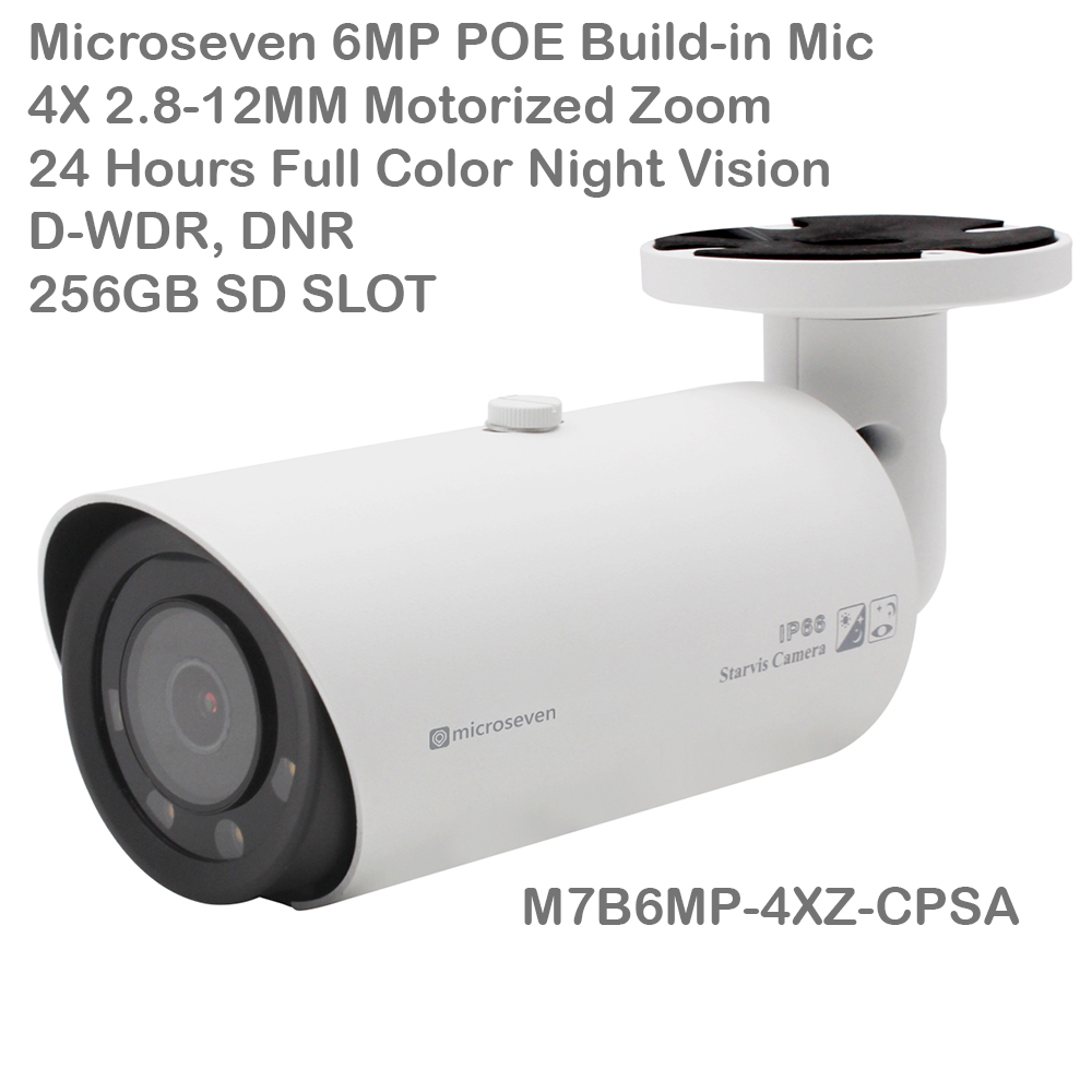 Microseven Open Source 6MP (3072x2048) Full Color Night Vision PoE Indoor / Outdoor IP Camera, UltraHD 6MP PoE IP Bullet Optical Zoom 2.8-12mm 4X Security Camera with Human/Vehicle Detection, Build-in Microphone Wide Angle, WDR, DNR, 256GB SD Slot, Waterproof, ONVIF CCTV Surveillance Camera, Web GUI & Apps, VMS (Video Management System) Cloud Storage+ Broadcasting on YouTube, Facebook & Microseven.tv