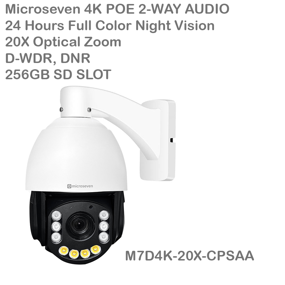 Microseven Open Source 4K/8MP Full Color Night Vision UltraHD PoE+ 20X Optical Zoom Pan Tilt Speed Dome IP Camera, Human & Vehicle Motion Detection & Auto Tracking, Indoor / Outdoor PTZ Camera,WDR, DNR, Day & Night,Sony Starvis CMOS,IP66 Weatherproof, Built-in 256GB SDcard Slot, Two-Way Audio, Auto Cruise,ONVIF, Web GUI & Apps, VMS (Video Management System), Free 24Hr Cloud Storage + Broadcasting on YouTube,Facebook & Microseven.tv