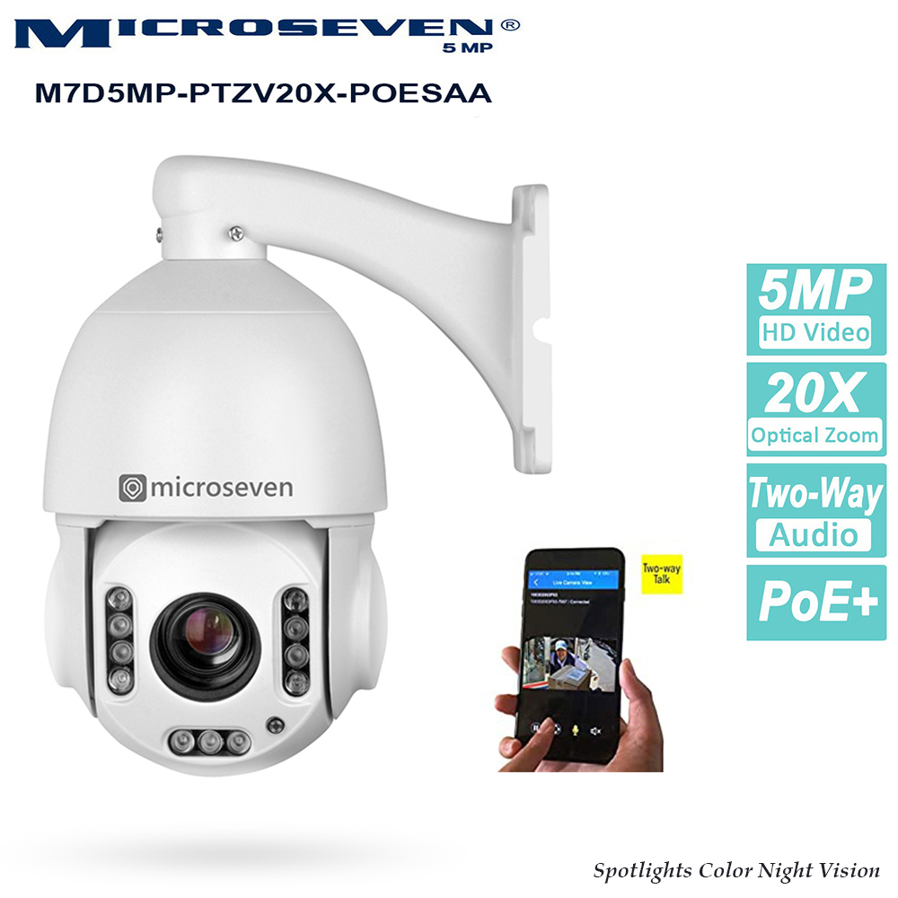 Microseven Professional Open Source, Remote Managed, 5MP (2560x1920) UltraHD PoE+ 20X Optical Zoom Pan Tilt Speed Dome IP Camera, Smart Motion Detection & Auto Tracking, Indoor / Outdoor PTZ Camera, Spotlights Smart Color Night Vision 256GB SD Slot,Day & Night,Sony Starvis CMOS,IP66 Weatherproof, Two-Way Audio with Build-in Microphone & External Speaker (Included), Auto Cruise,ONVIF, Web GUI & Apps, CMS (Camera Management System), Cloud Storage + Broadcasting on YouTube and Microseven