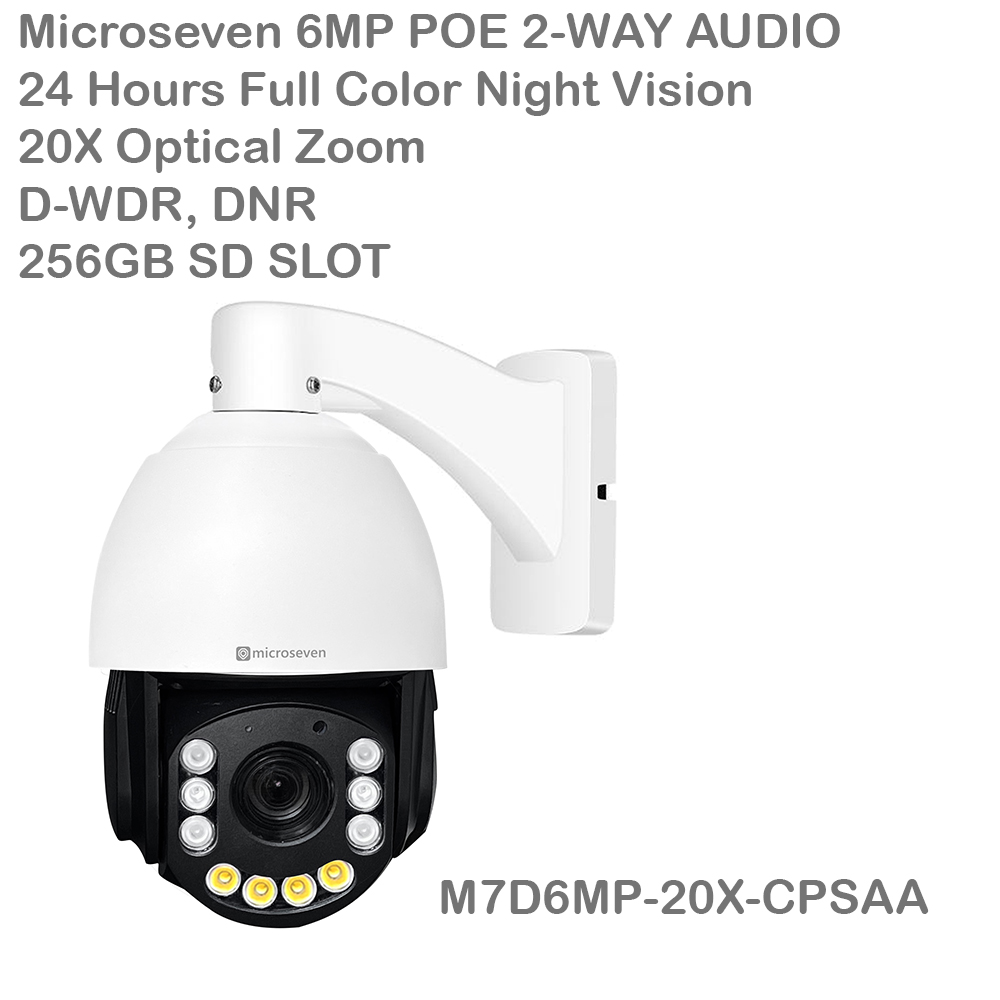 Microseven Ultra HD 6MP (3072x2048) Full Color Night Vision PoE+ Indoor / Outdoor 20X Optical Zoom Pan Tilt Speed Dome (PTZ) IP Network Camera with Human & Vehicle Motion Detection & Auto Tracking, WDR, DNR, IP66 Waterproof, Built-in 256GB SD card Slot, Two-Way Audio, Auto Cruise, Web GUI & Apps, VMS (Video Management System),  Cloud Storage and Broadcasting on YouTube & Microseven