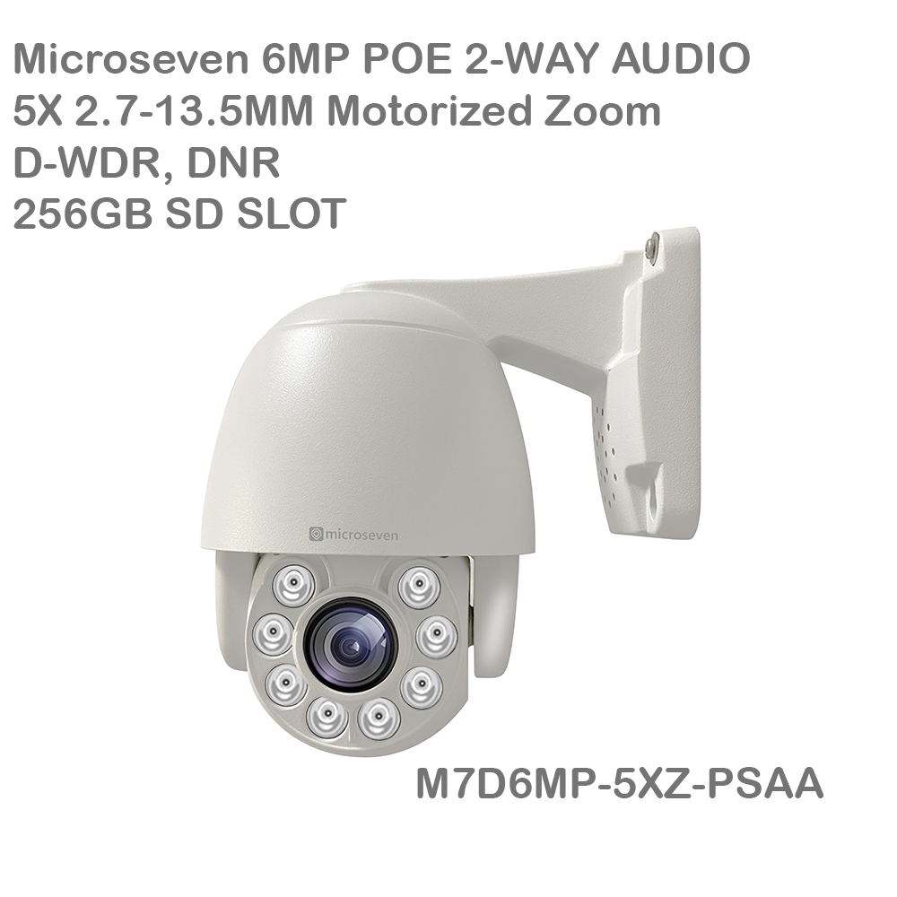 Microseven Open Source 6MP (3072x2048) UltraHD PoE+ 355° Pan 92° Tilt 5X 2.7-13.5MM Optical Zoom PTZ Speed Dome IP Camera, Human Vehicle Motion Detection & Auto Tracking, Indoor / Outdoor, WDR, DNR, Day & Night,IP66 Weatherproof, Built-in 256GB SDcard Slot, Two-Way Audio, Auto Cruise,ONVIF, Web GUI & Apps, VMS (Video Management System),24Hr Cloud Storage + Broadcasting on YouTube,Facebook & Microseven.tv
