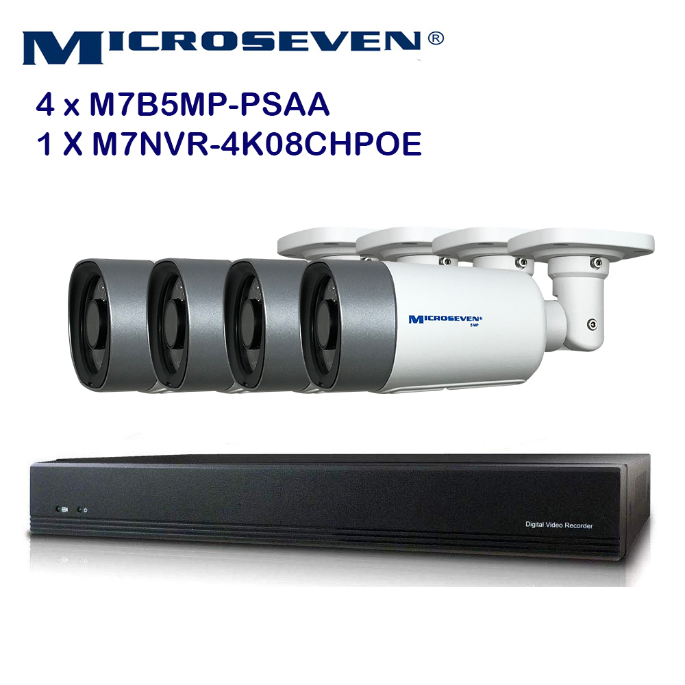MICROSEVEN 8MP 8CH PoE Home Security Camera System with Audio & Works with  Alexa for 24x7 Recording,(4) Outdoor 5MP Bullet PoE IP Cameras, 100ft IR Night, 8 Channel 8MP PoE NVR, Support Upto 8TB HDD
