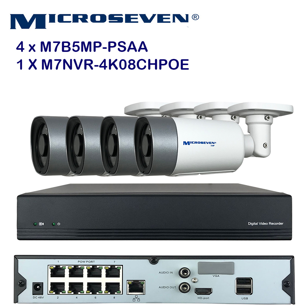 MICROSEVEN 8MP 8CH PoE Home Security Camera System with Audio & Works with  Alexa for 24x7 Recording,(4) Outdoor 5MP Bullet PoE IP Cameras, 100ft IR Night, 8 Channel 8MP PoE NVR, Support Upto 8TB HDD