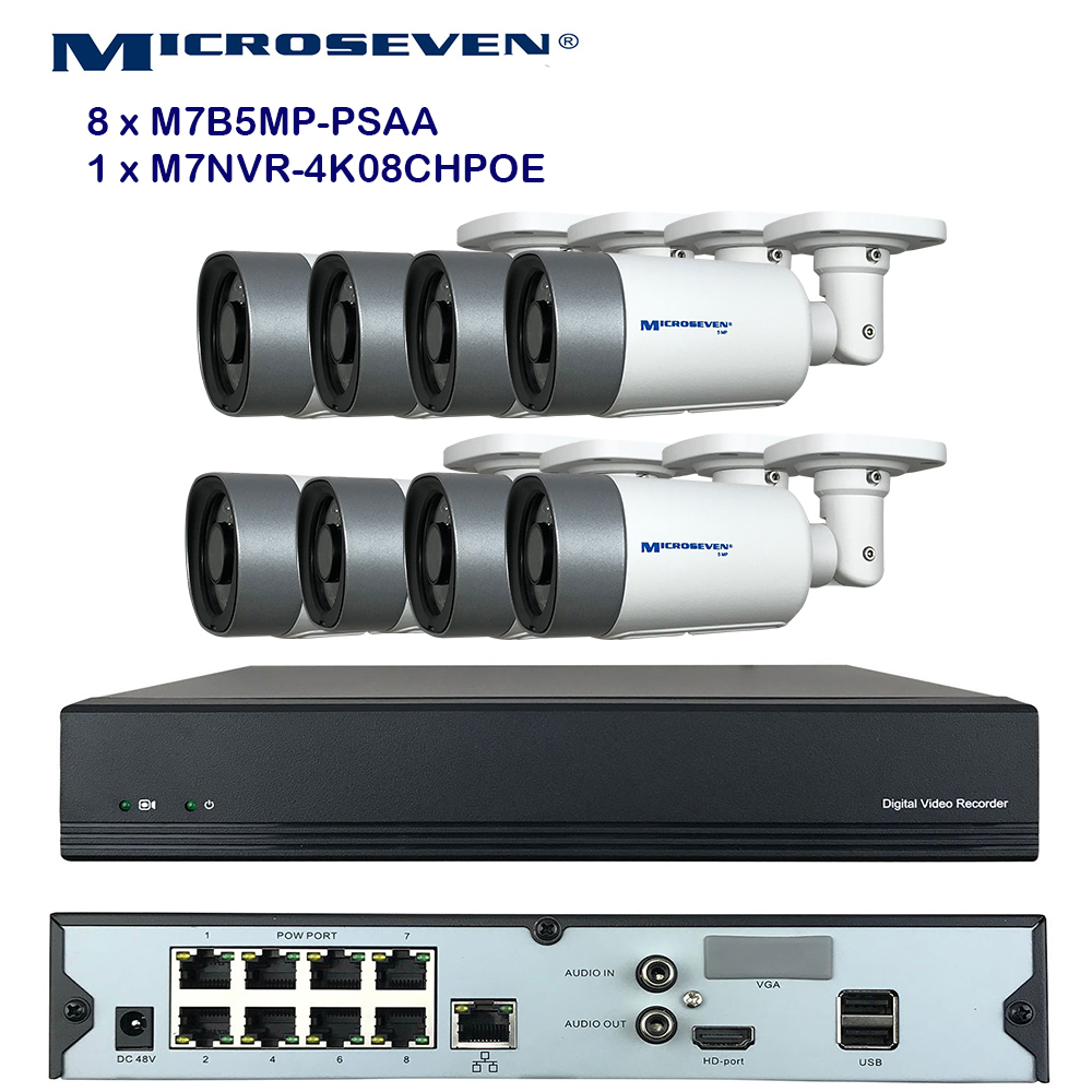 MICROSEVEN 8MP 8CH PoE Home Security Camera System with Audio & Works with Alexa for 24x7 Recording,(8) Outdoor 5MP Bullet PoE IP Cameras, 100ft IR Night, 8 Channel 8MP PoE NVR, Support Upto 8TB HDD