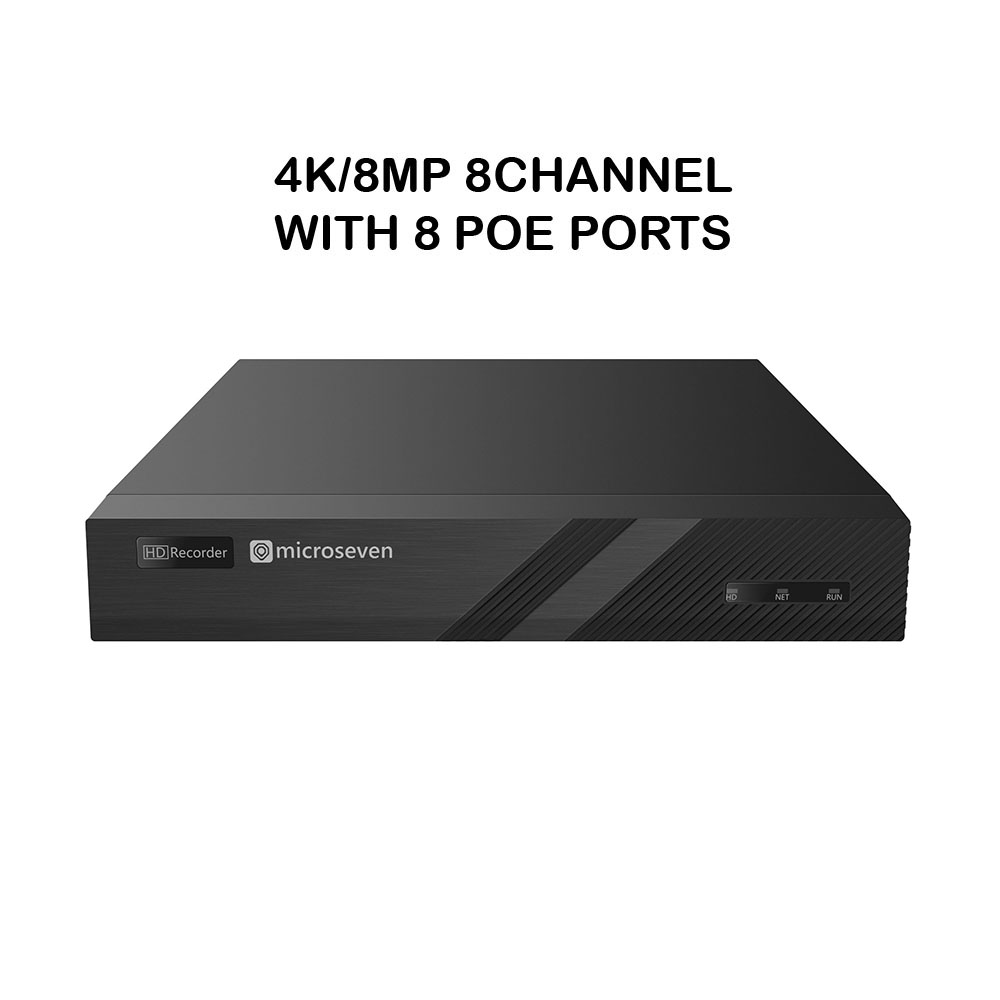 Microseven 4k 8 Channel 8 Port PoE H.265 Network Video Recorder NVR for Security Camera (8CH 1080P/3MP/4MP/5MP/6MP/4K) Supports up to 8 x 8-Megapixel IP Cameras, Max. 10TB HDD 1x SATA(Not Included) 1 VGA, 1 HDMI, 8 PoE Ports, Support All Microseven Cameras