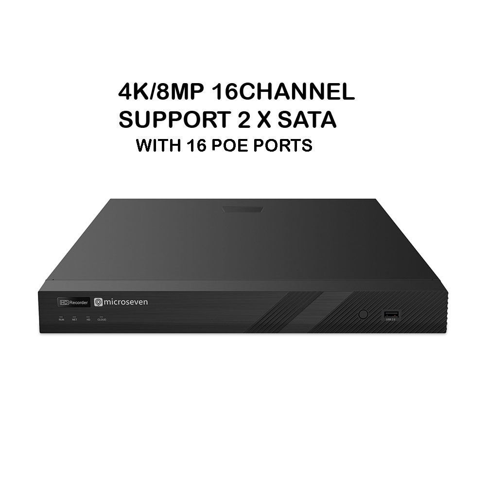 Microseven 4k 16 Channel 16 Port PoE H.265 Network Video Recorder NVR for Security Camera (16CH 1080P/3MP/4MP/5MP/6MP/4K) Supports up to 16 x 8-Megapixel IP Cameras, Max. 10TB HDD 2 x SATA(Not Included) 1 VGA, 1 HDMI, 16 PoE Ports