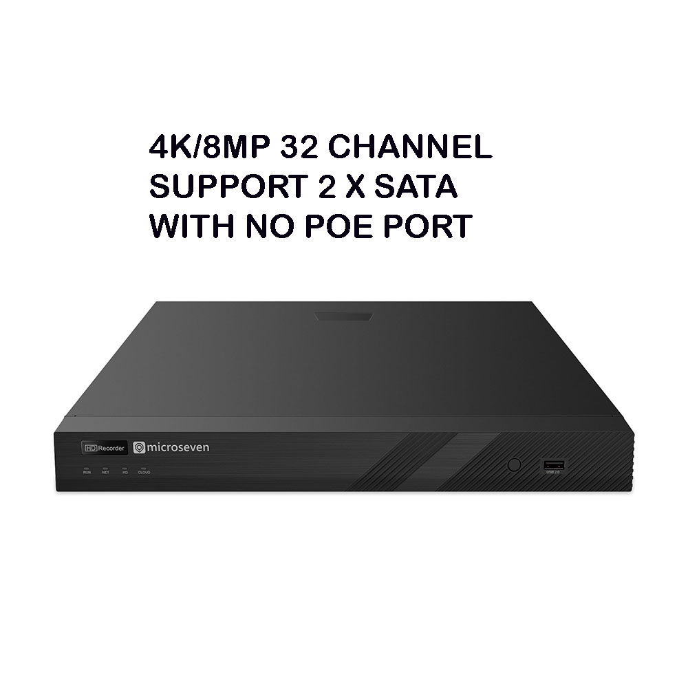 Microseven 4K 32 Channel H.265 Network Video Recorder NVR for Security Camera (32CH 1080P/3MP/4MP/5MP/6MP/4K) Supports up to 32 x 8-Megapixel IP Cameras, Max. 10TB HDD 2 x SATA (Not Included),1 VGA,1 HDMI, Support All Microseven PoE Camera