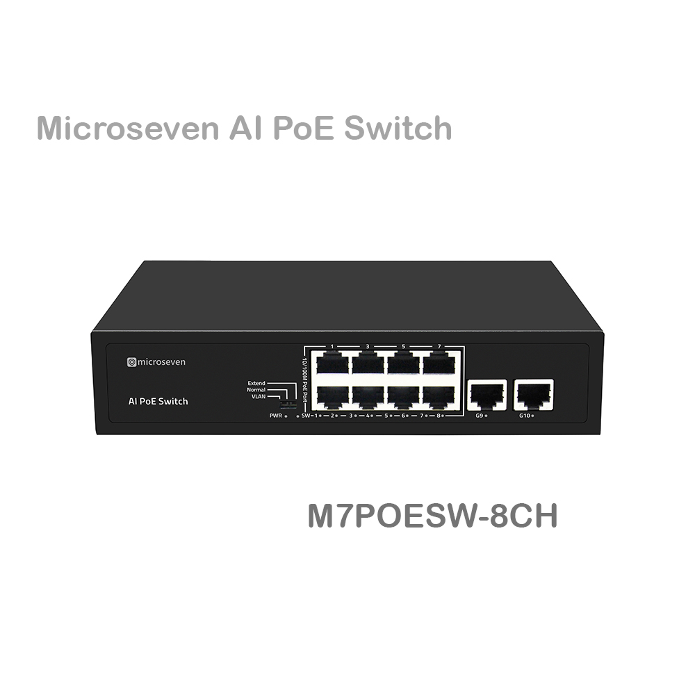 Microseven AI PoE Switch (8 POE Ports +2 Uplink), 802.3af/at PoE+ 100Mbps, 120W Built-in Power, Extend to 250Meter,Unmanaged Metal Plug and Play