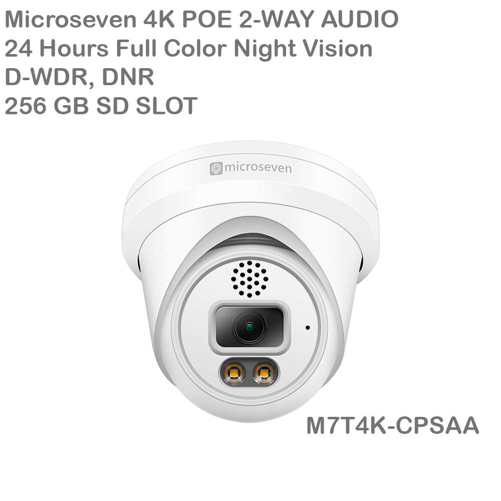 Microseven Open Source 4K/8MP Full Color Night Vision PoE Indoor / Outdoor IP Camera, UltraHD 8MP PoE IP Turret Security Camera with Human/Vehicle Detection, Two-Way Audio Wide Angle, WDR, DNR, 256GB SD Slot, Waterproof, ONVIF CCTV Surveillance Camera, Web GUI & Apps, VMS (Video Management System) Cloud Storage+ Broadcasting on YouTube, Facebook & Microseven.tv